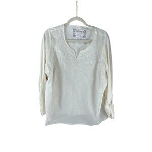 Indigo Collection White Embroidered Cotton V-Neck Long-Sleeve Top  Angelcore